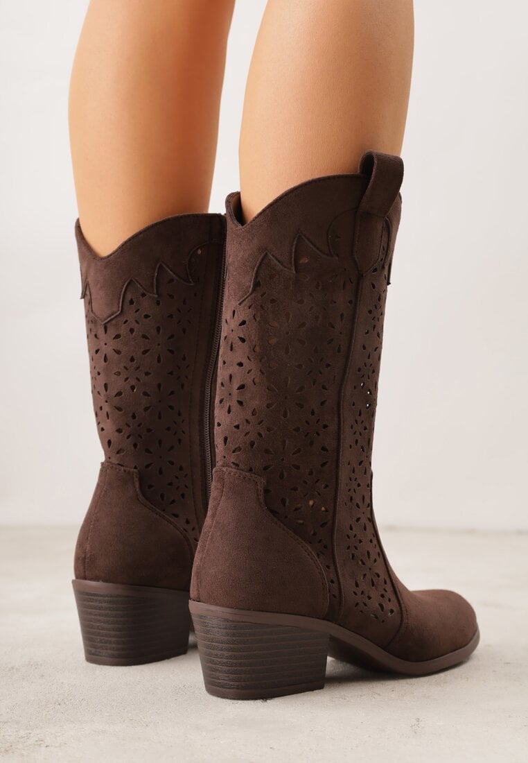 Brązowe Ażurowe Botki na Obcasie w Stylu Kowbojek Lissemi