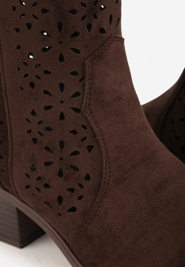 Brązowe Ażurowe Botki na Obcasie w Stylu Kowbojek Lissemi