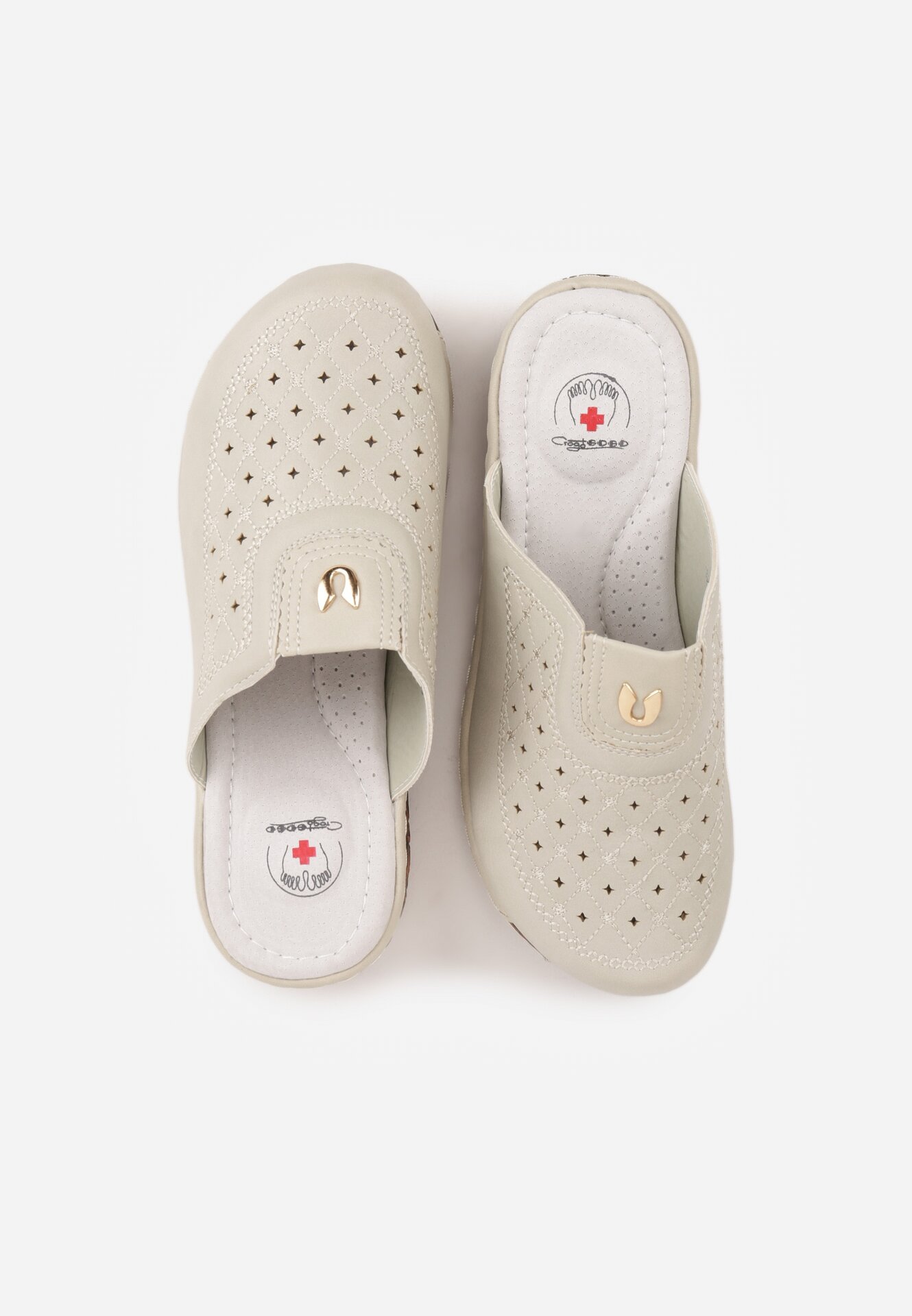 Beżowe Klapki Ozdobione Tłoczeniem Perforacją i Metaliczną Aplikacją Arihari