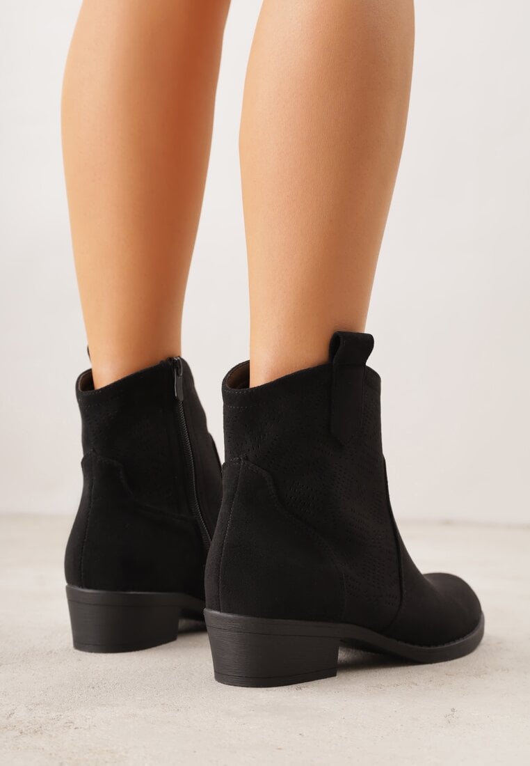 Czarne Botki Ażurowe na Obcasie w Stylu Kowbojek Lalona