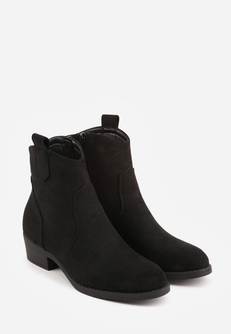 Czarne Botki Ażurowe na Obcasie w Stylu Kowbojek Lalona