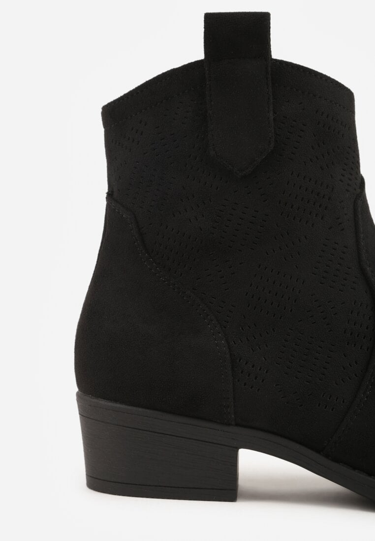 Czarne Botki Ażurowe na Obcasie w Stylu Kowbojek Lalona