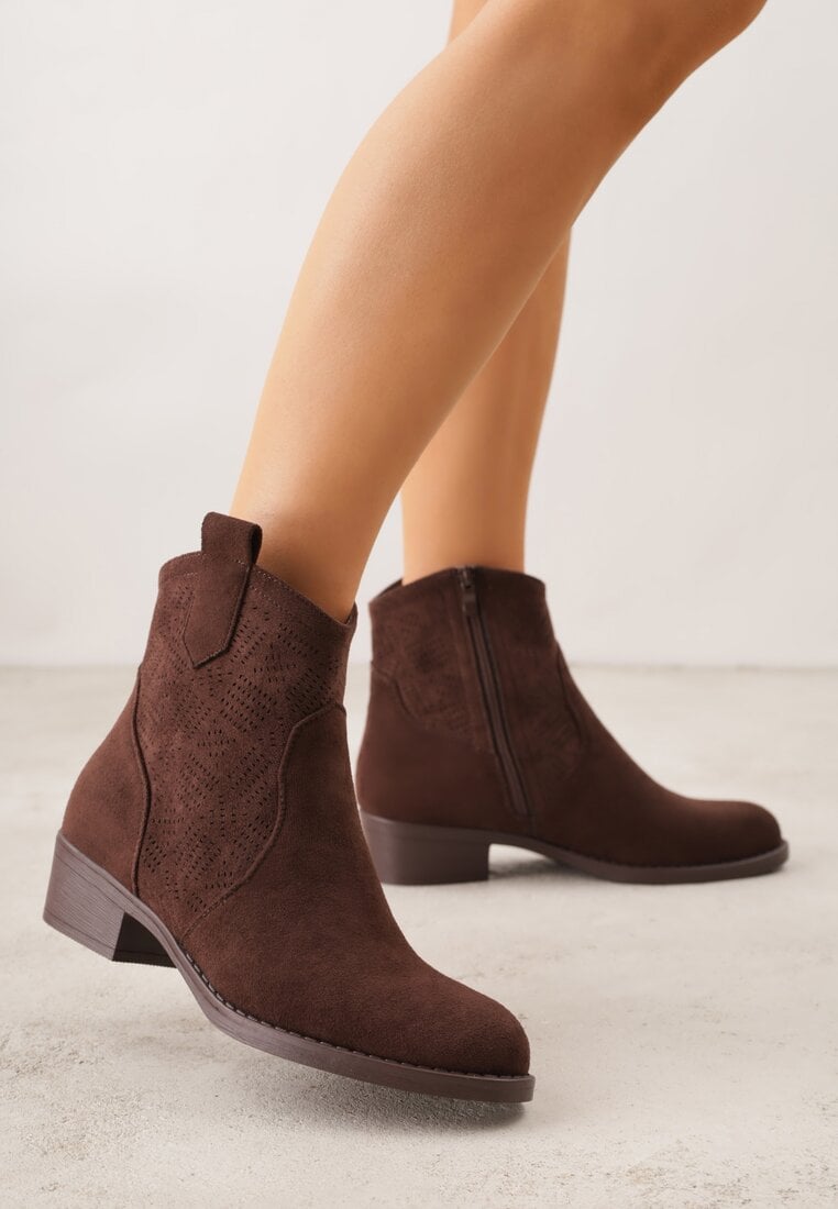 Brązowe Botki Ażurowe na Obcasie w Stylu Kowbojek Lalona