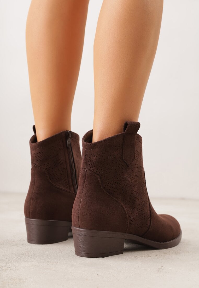 Brązowe Botki Ażurowe na Obcasie w Stylu Kowbojek Lalona