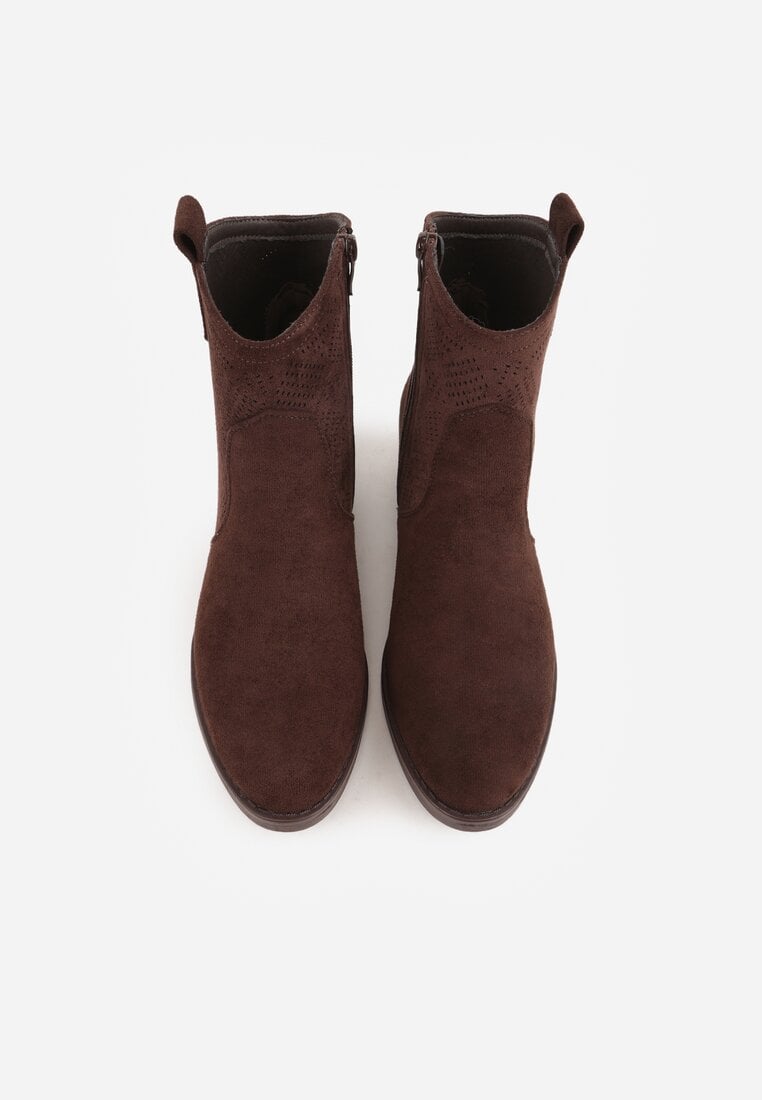 Brązowe Botki Ażurowe na Obcasie w Stylu Kowbojek Lalona