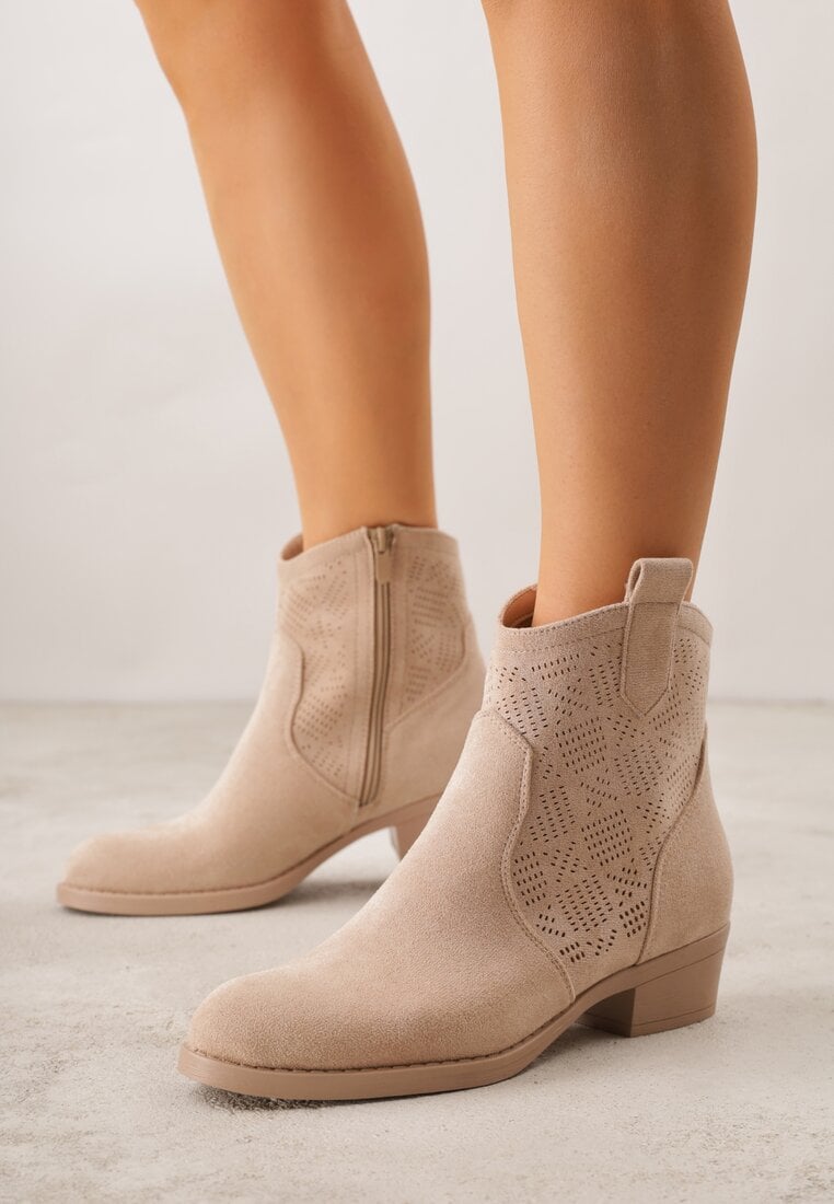 Ciemnobeżowe Botki Ażurowe na Obcasie w Stylu Kowbojek Lalona