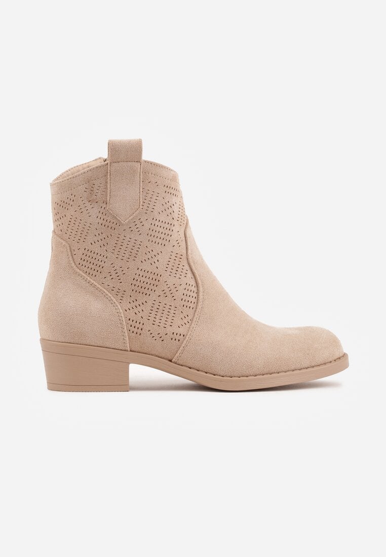 Ciemnobeżowe Botki Ażurowe na Obcasie w Stylu Kowbojek Lalona