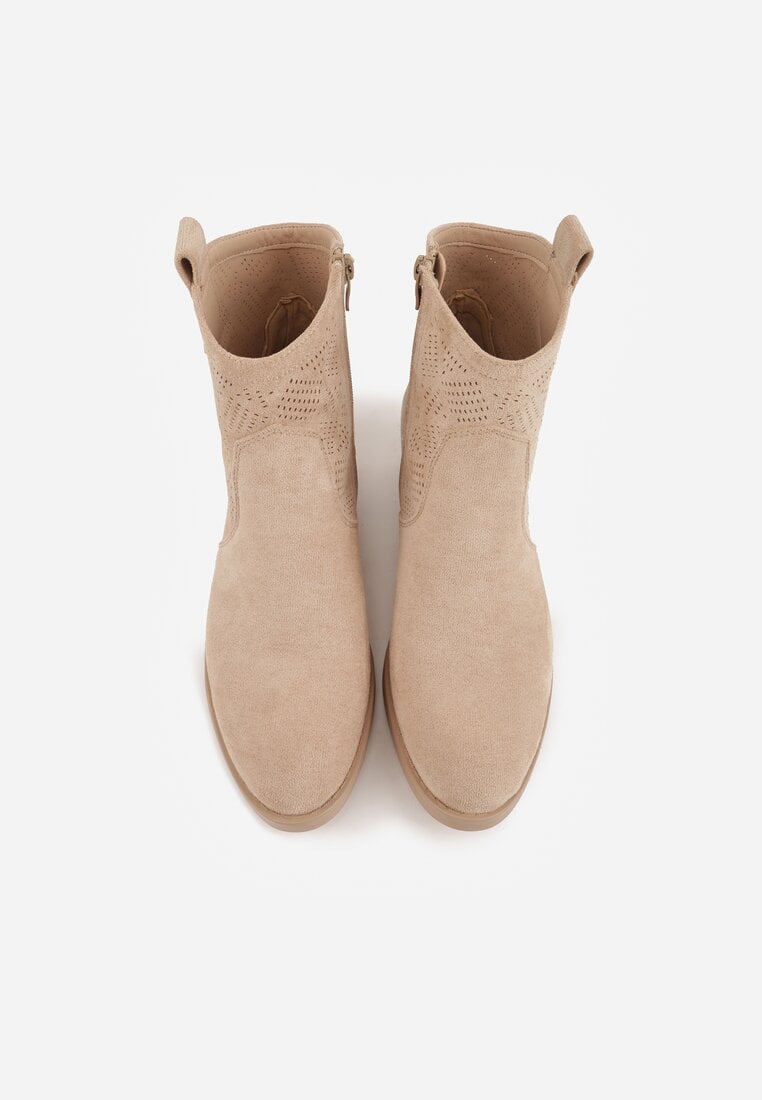 Ciemnobeżowe Botki Ażurowe na Obcasie w Stylu Kowbojek Lalona