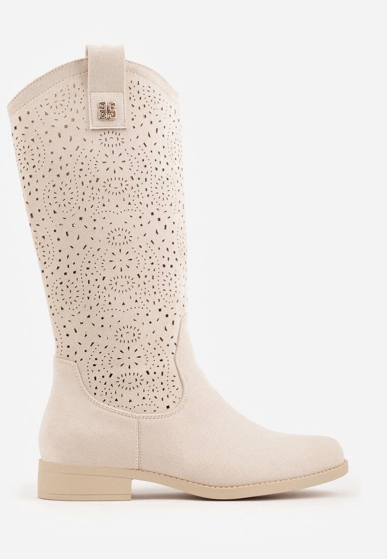 Beżowe Botki Ażurowe Ozdobione Metaliczną Aplikacją Iomosa
