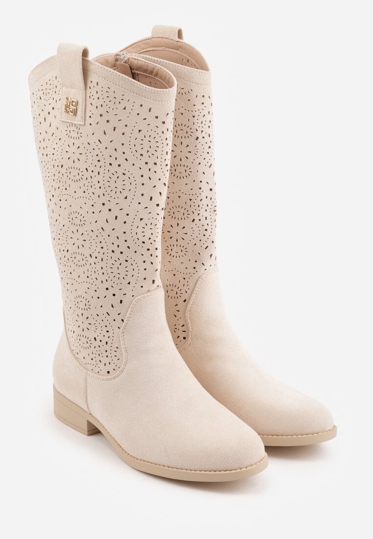 Beżowe Botki Ażurowe Ozdobione Metaliczną Aplikacją Iomosa