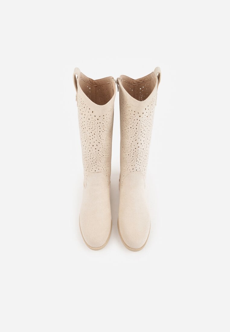 Beżowe Botki Ażurowe Ozdobione Metaliczną Aplikacją Iomosa
