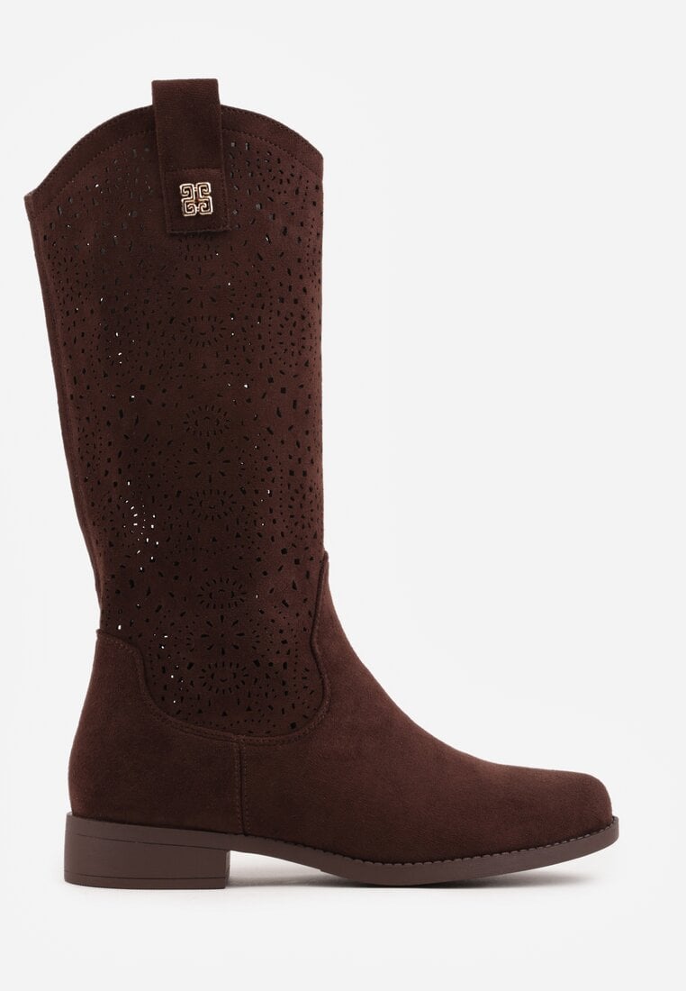 Brązowe Botki Ażurowe Ozdobione Metaliczną Aplikacją Iomosa