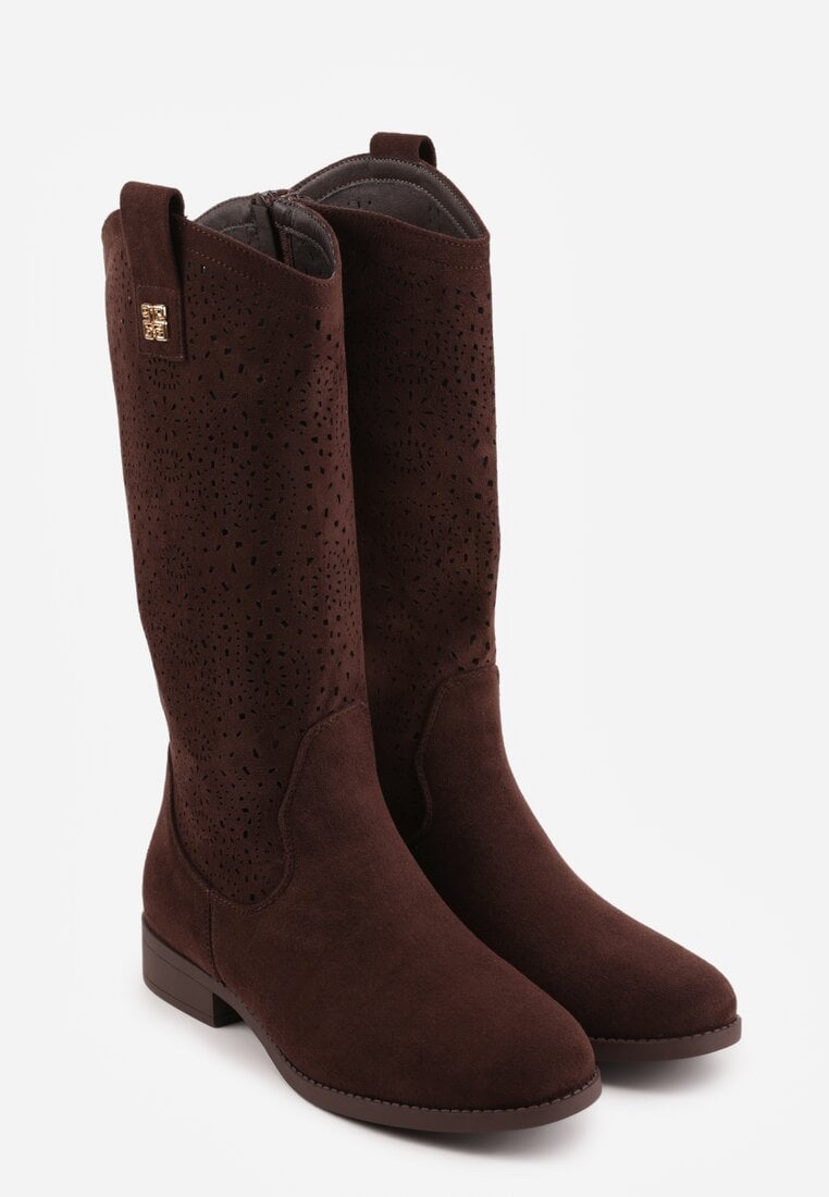 Brązowe Botki Ażurowe Ozdobione Metaliczną Aplikacją Iomosa