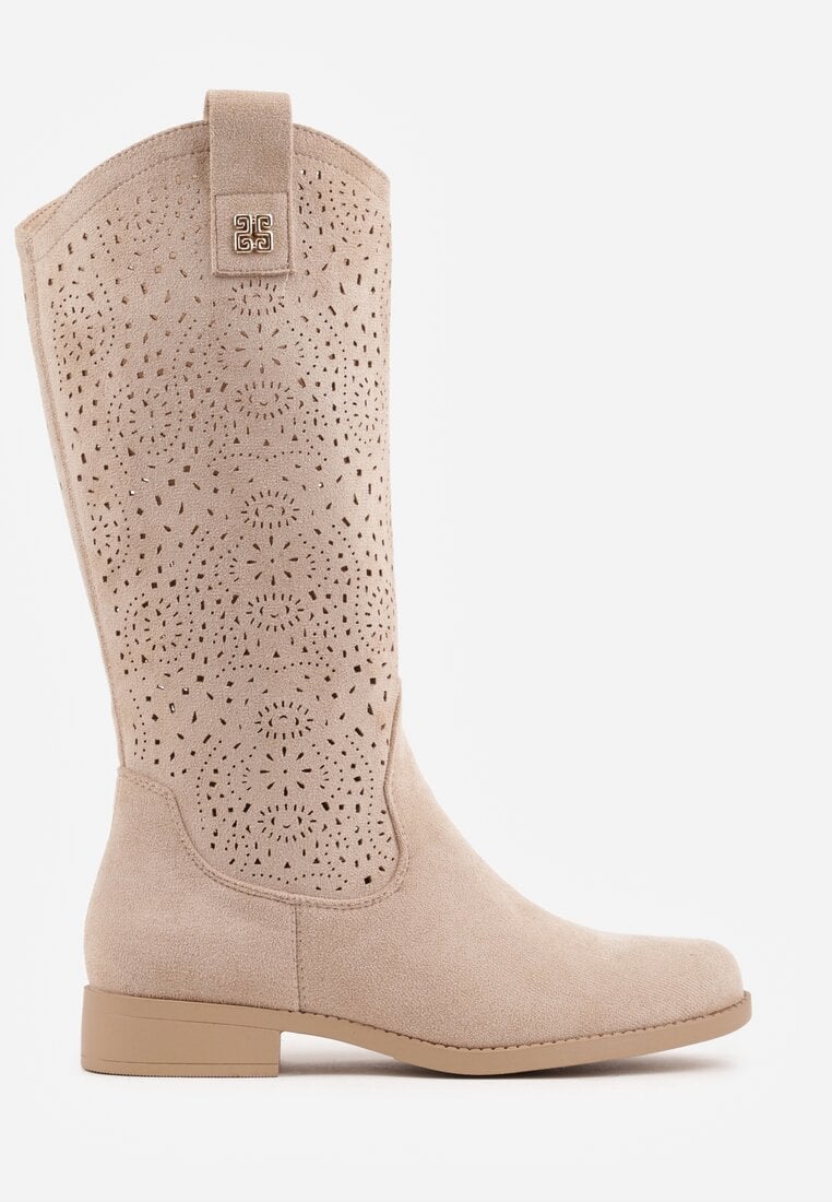 Ciemnobeżowe Botki Ażurowe Ozdobione Metaliczną Aplikacją Iomosa