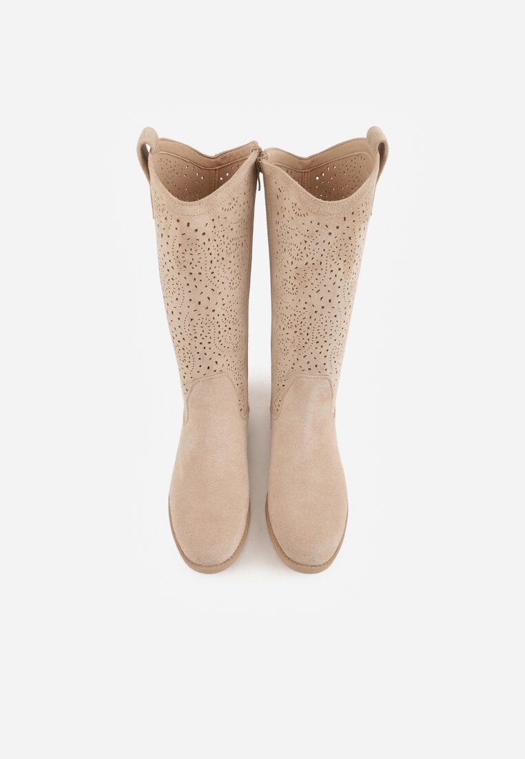 Ciemnobeżowe Botki Ażurowe Ozdobione Metaliczną Aplikacją Iomosa