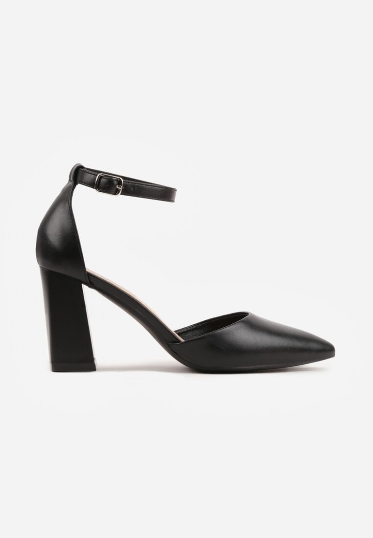 Czarne Klasyczne Czółenka na Słupku z Noskiem w Szpic i Paskiem Tenoris