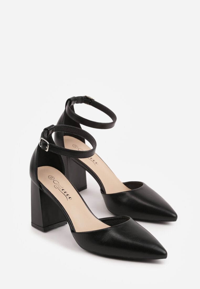 Czarne Klasyczne Czółenka na Słupku z Noskiem w Szpic i Paskiem Tenoris