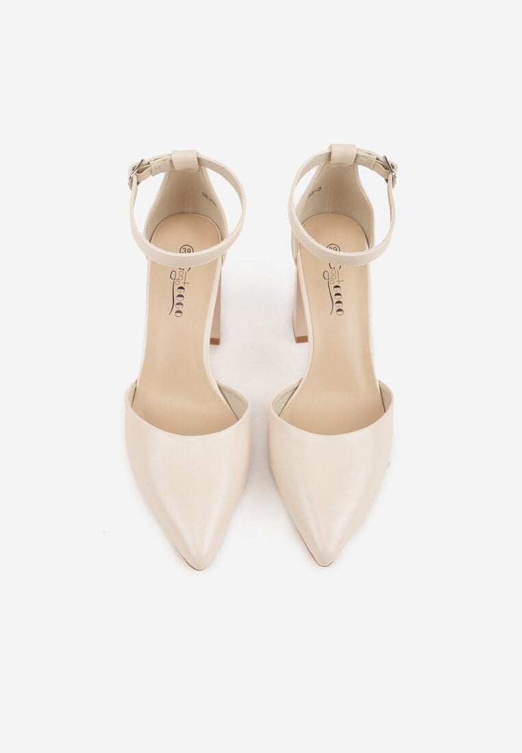 Beżowe Klasyczne Czółenka na Słupku z Noskiem w Szpic i Paskiem Tenoris