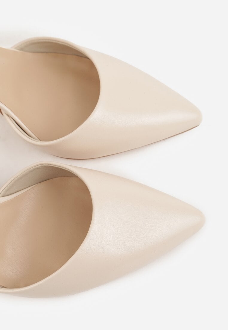 Beżowe Klasyczne Czółenka na Słupku z Noskiem w Szpic i Paskiem Tenoris