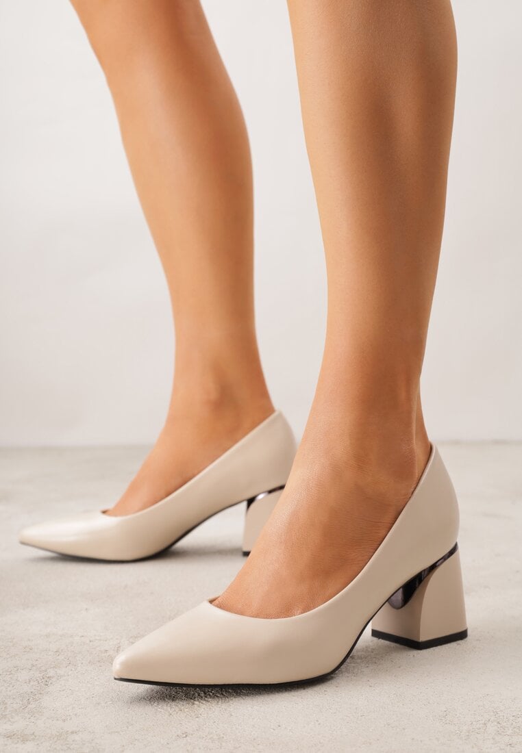 Beżowe Czółenka na Geometrycznym Obcasie Oriphishis