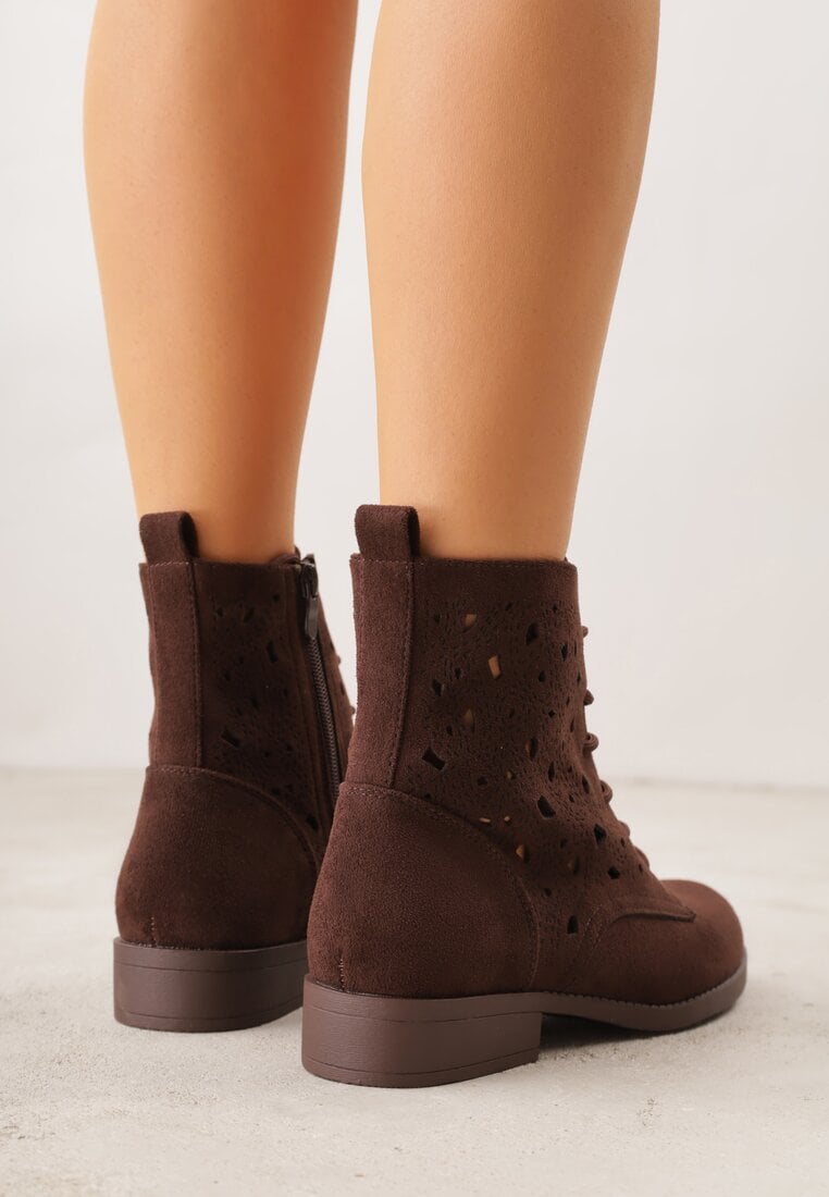 Brązowe Sznurowane Botki z Ażurową Cholewką Zeliana
