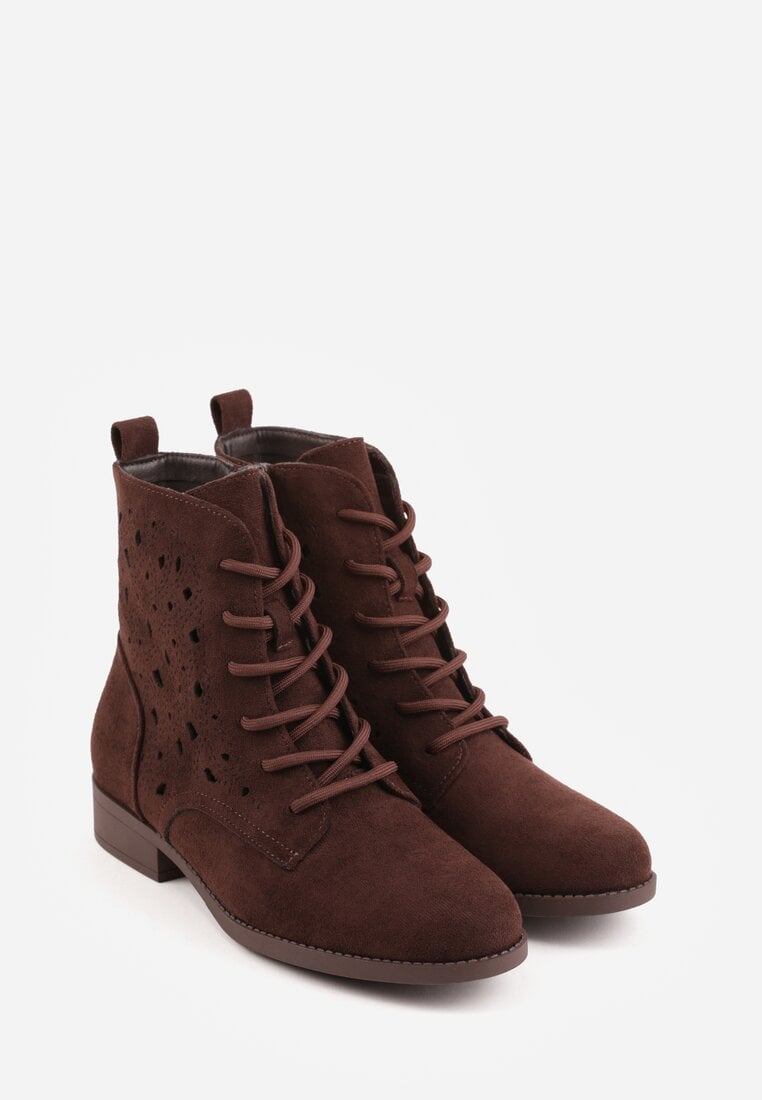 Brązowe Sznurowane Botki z Ażurową Cholewką Zeliana
