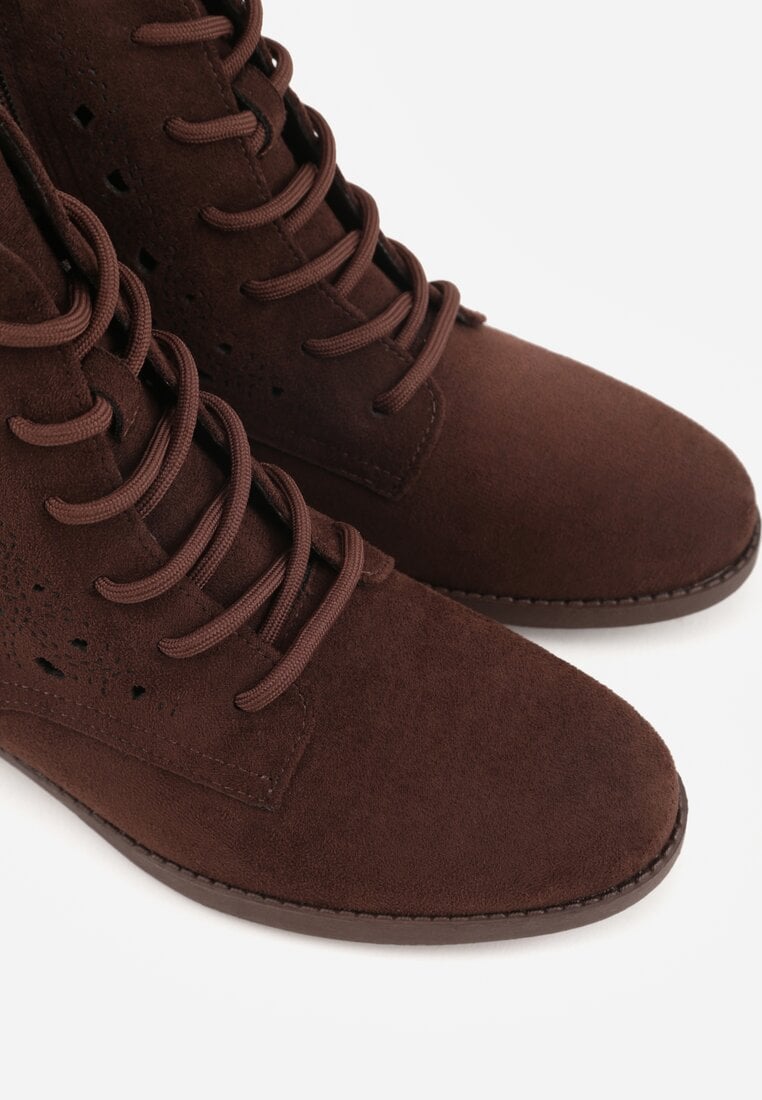 Brązowe Sznurowane Botki z Ażurową Cholewką Zeliana