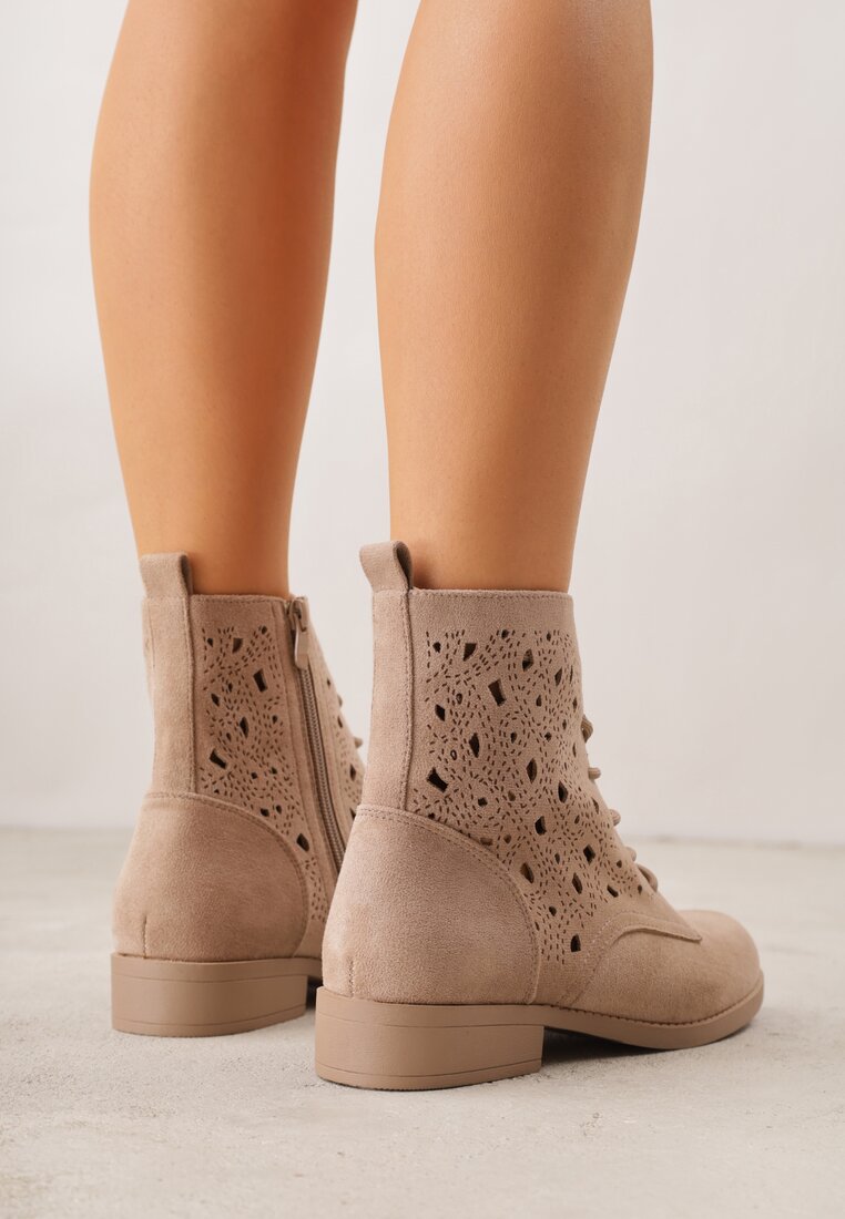 Ciemnobeżowe Sznurowane Botki z Ażurową Cholewką Zeliana