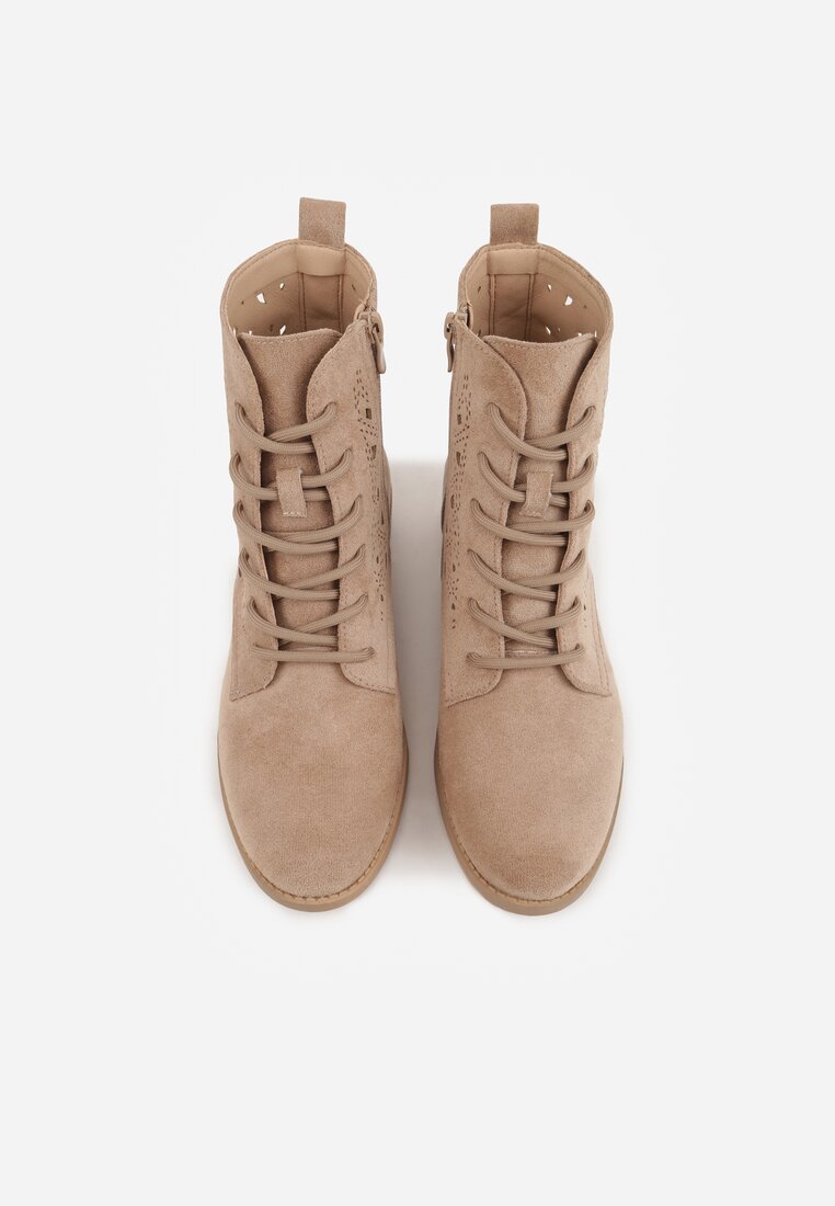 Ciemnobeżowe Sznurowane Botki z Ażurową Cholewką Zeliana