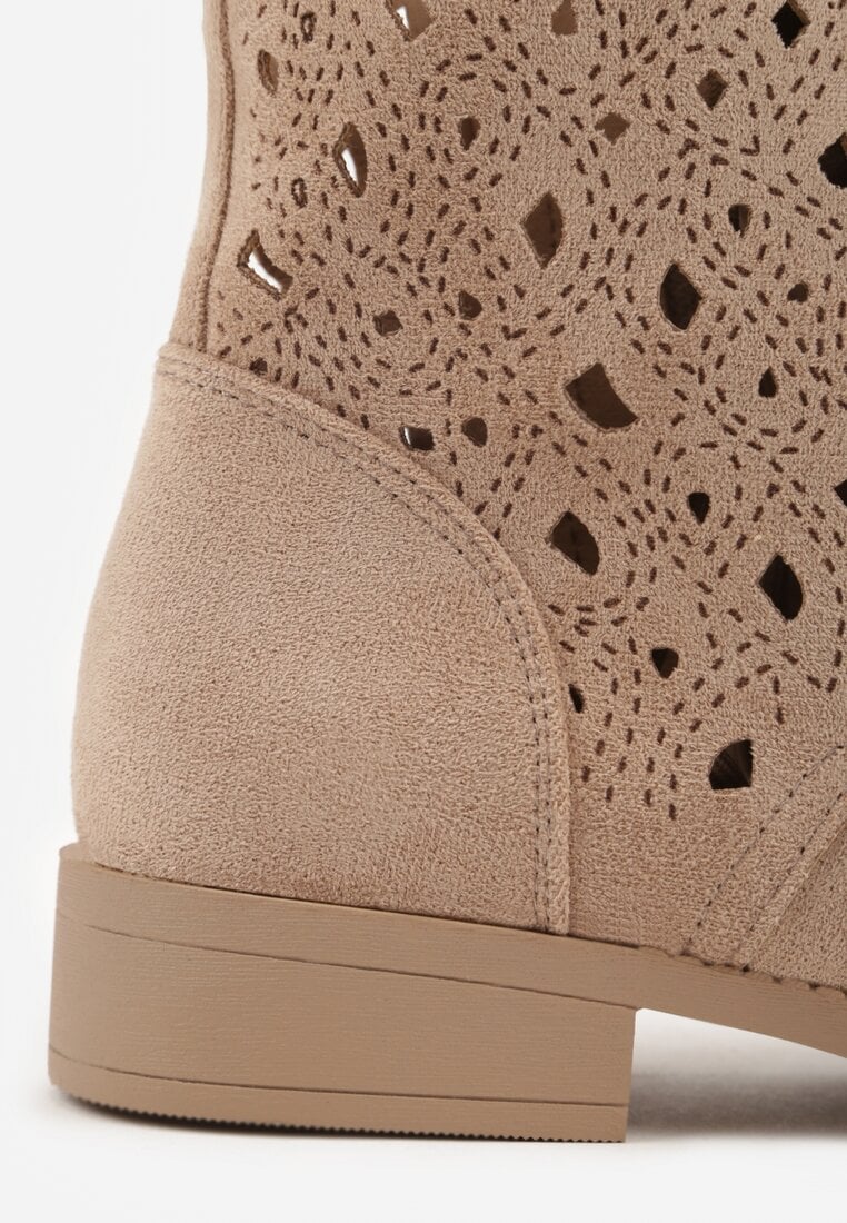 Ciemnobeżowe Sznurowane Botki z Ażurową Cholewką Zeliana