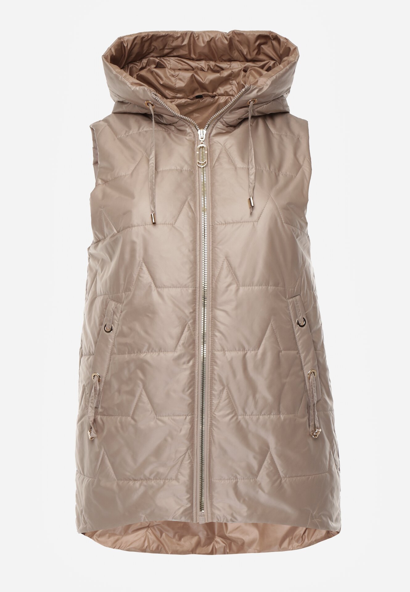 Jasnobrązowa Kamizelka z Nieodpinanym Kapturem i Geometrycznym Pikowaniem Kalousa