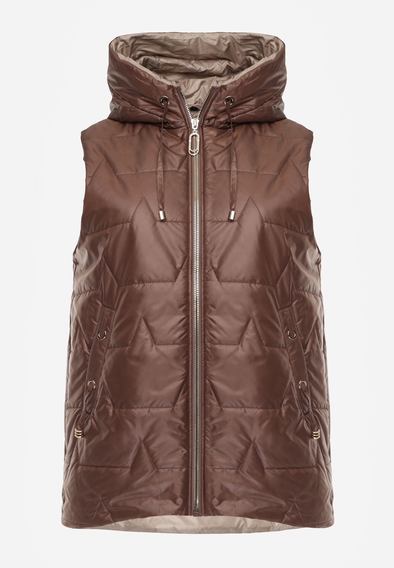 Brązowa Kamizelka z Nieodpinanym Kapturem i Geometrycznym Pikowaniem Kalousa
