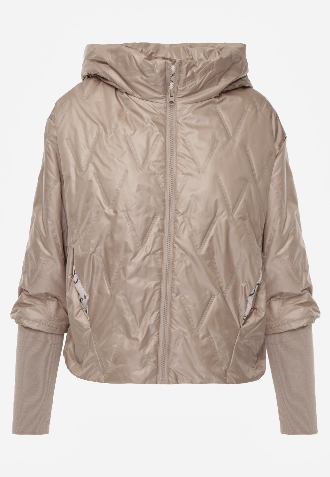 Ciemnobeżowa Kurtka z Kapturem Pikowana z Materiałowymi Wykończeniami Sofie