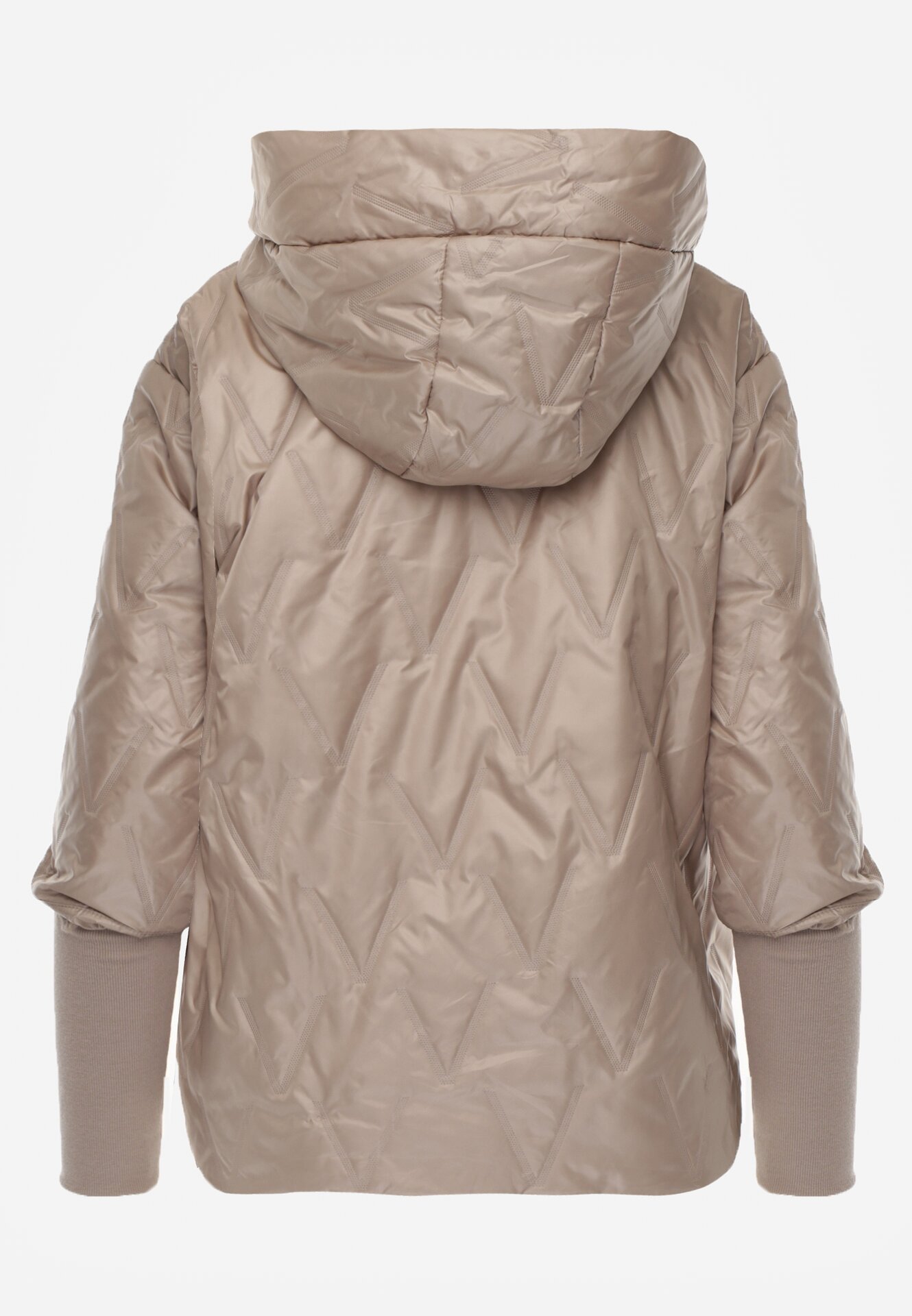 Ciemnobeżowa Kurtka z Kapturem Pikowana z Materiałowymi Wykończeniami Sofie