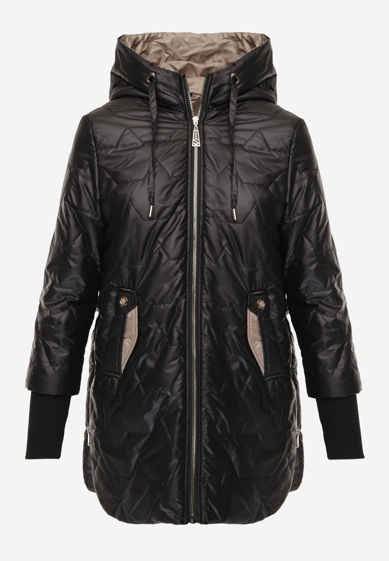Czarna Pikowana Kurtka Przejściowa z Kapturem i Bocznymi Suwakami Mado