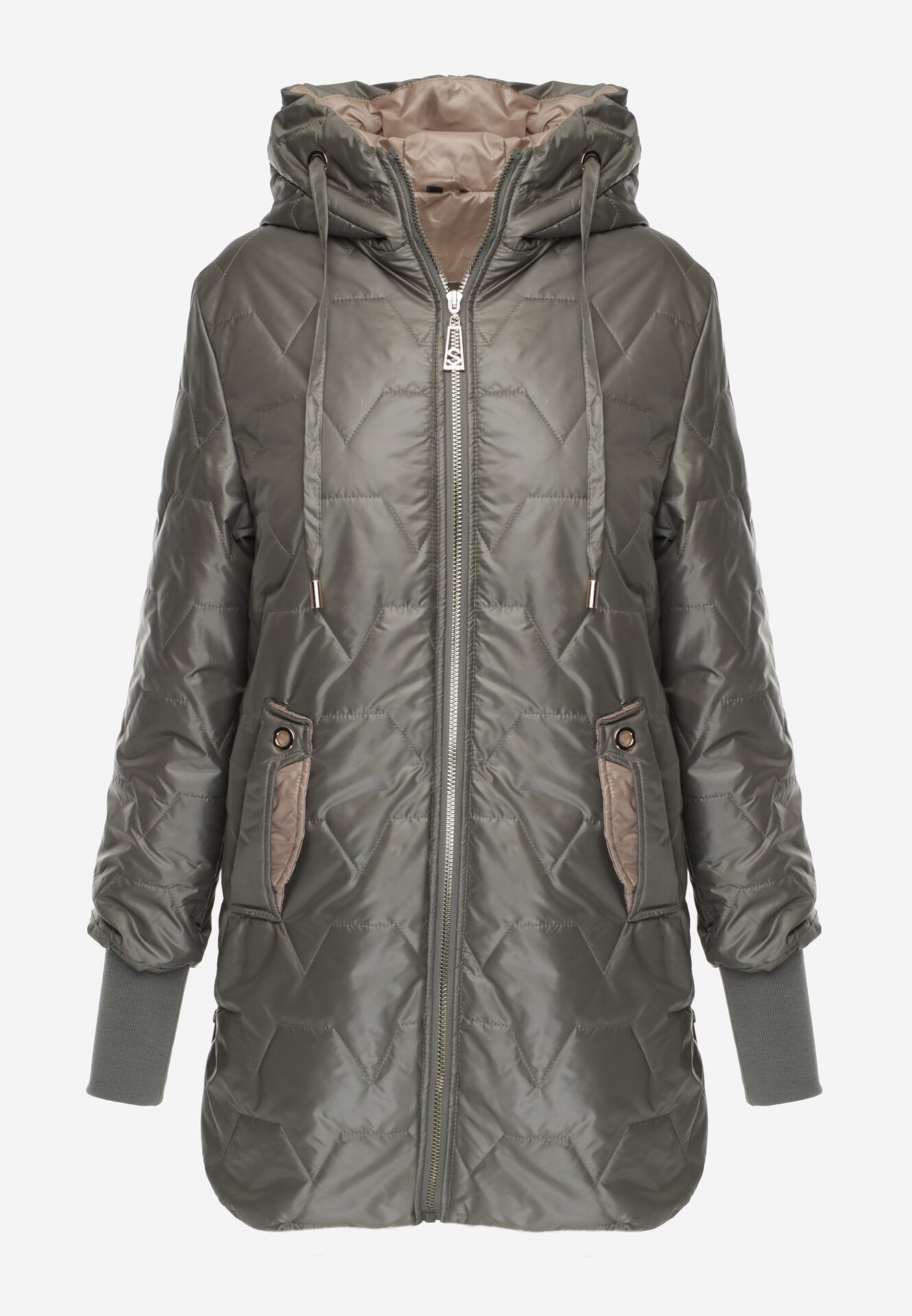 Zielona Pikowana Kurtka Przejściowa z Kapturem i Bocznymi Suwakami Mado