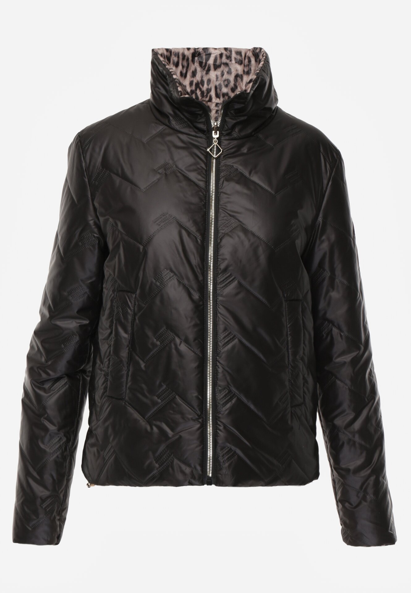 Czarna Dwustronna Kurtka Pikowana Ozdobiona Naszywką i Panterką Nemopis