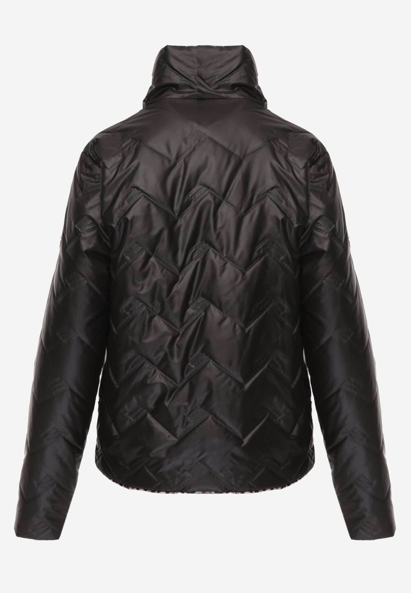 Czarna Dwustronna Kurtka Pikowana Ozdobiona Naszywką i Panterką Nemopis