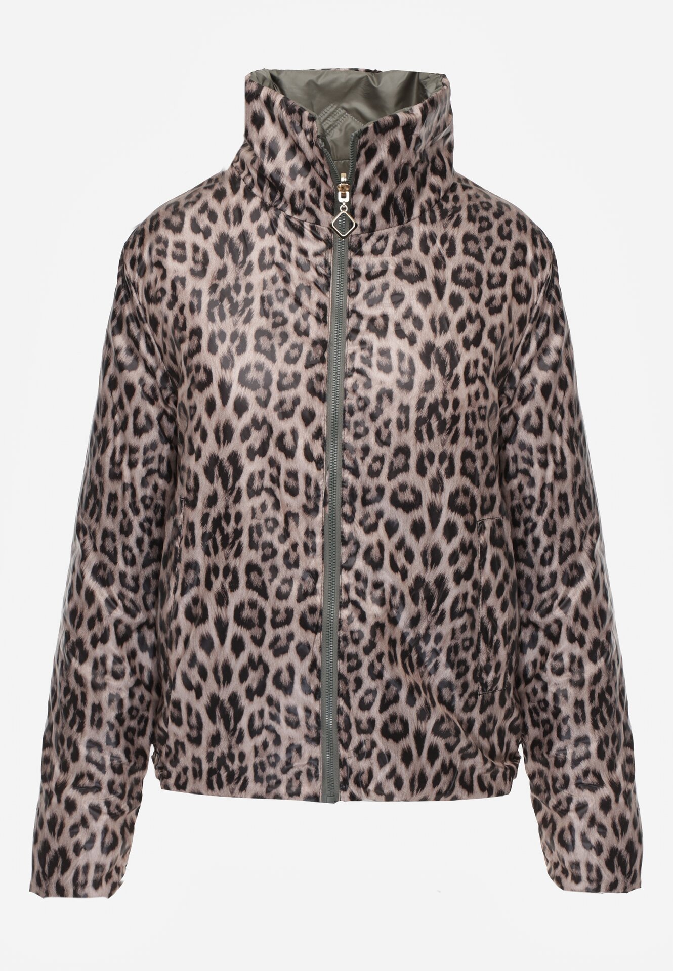 Zielona Dwustronna Kurtka Pikowana Ozdobiona Naszywką i Panterką Nemopis