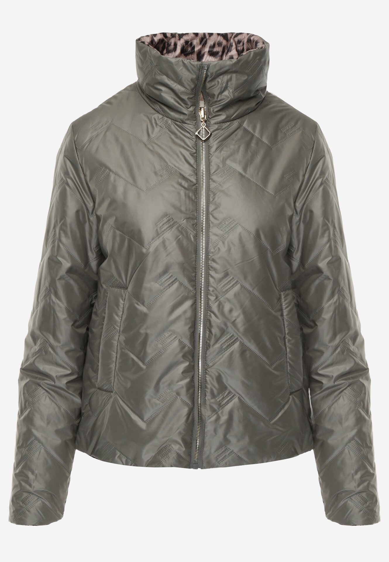 Zielona Dwustronna Kurtka Pikowana Ozdobiona Naszywką i Panterką Nemopis