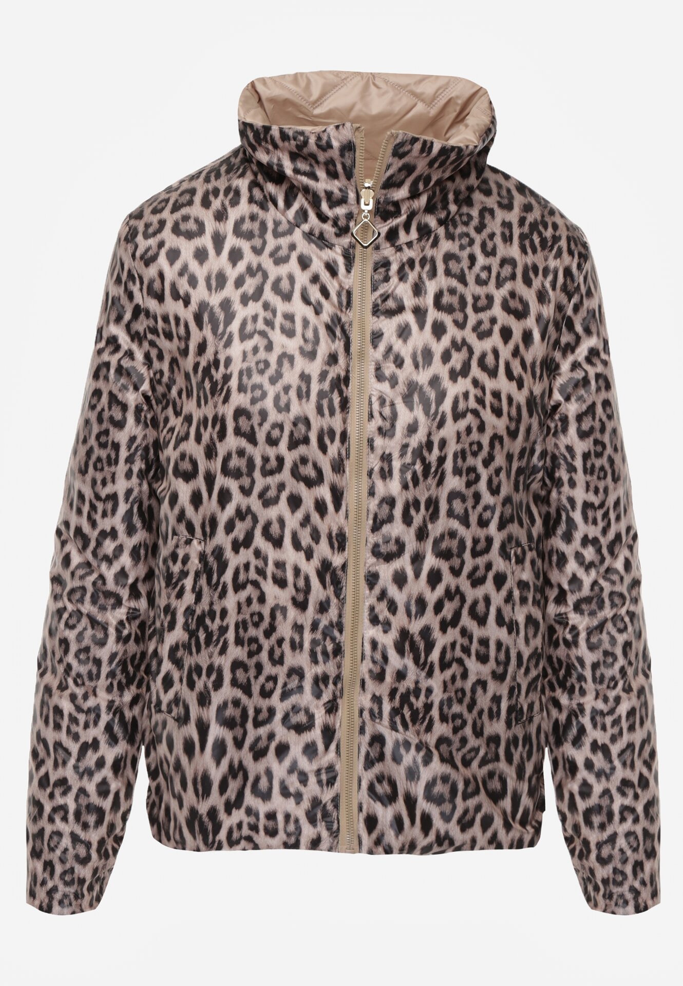 Ciemnobeżowa Dwustronna Kurtka Pikowana Ozdobiona Naszywką i Panterką Nemopis