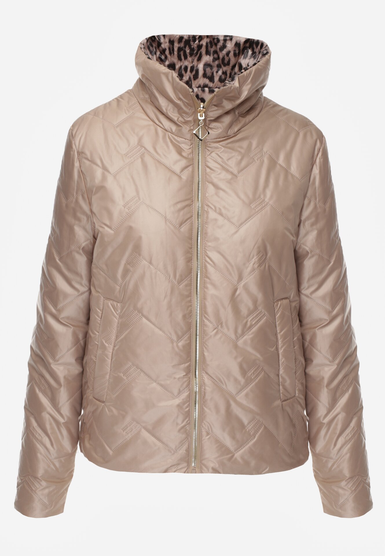 Ciemnobeżowa Dwustronna Kurtka Pikowana Ozdobiona Naszywką i Panterką Nemopis