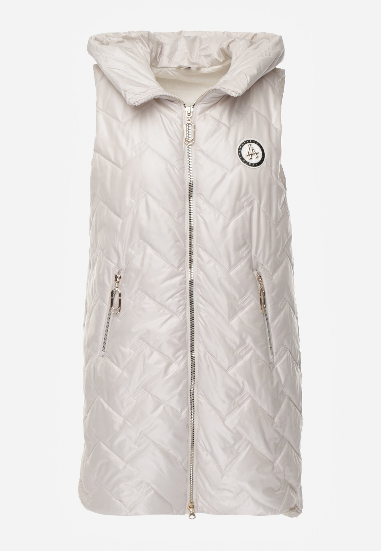 Jasnoszara Przejściowa Kamizelka Pikowana o Długim Kroju z Kapturem i Naszywką Harmaste