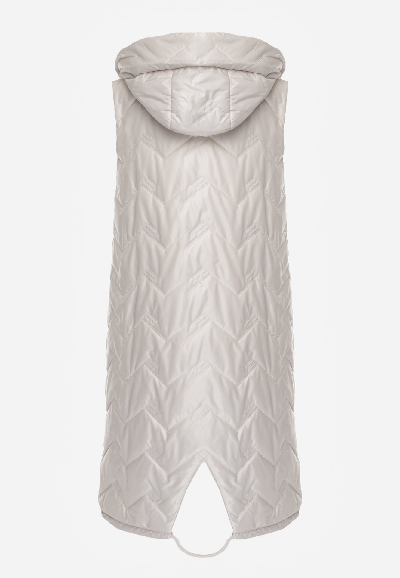 Jasnoszara Przejściowa Kamizelka Pikowana o Długim Kroju z Kapturem i Naszywką Harmaste