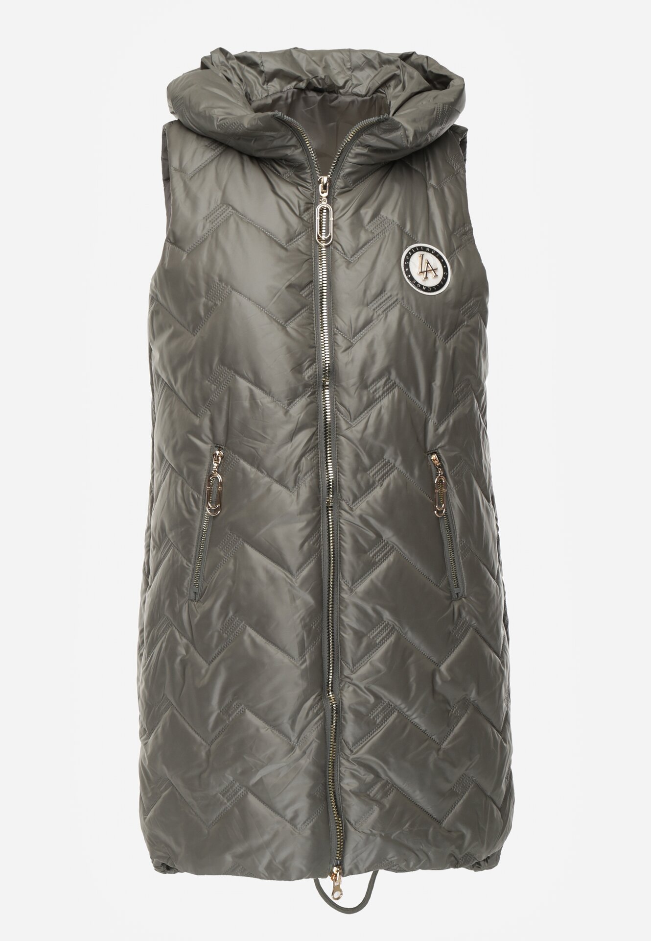 Zielona Przejściowa Kamizelka Pikowana o Długim Kroju z Kapturem i Naszywką Harmaste