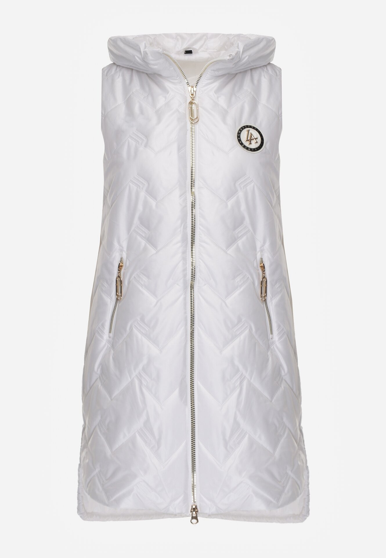 Biała Przejściowa Kamizelka Pikowana o Długim Kroju z Kapturem i Naszywką Harmaste