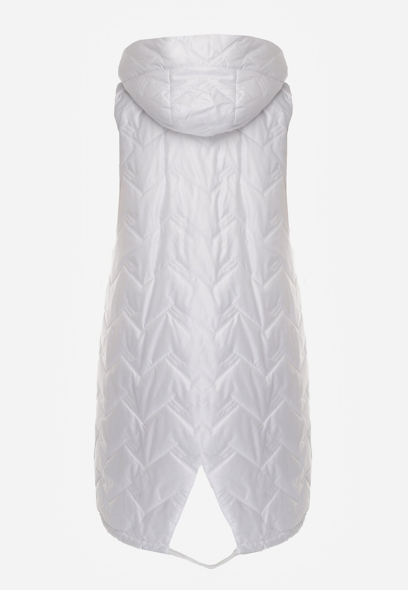 Biała Przejściowa Kamizelka Pikowana o Długim Kroju z Kapturem i Naszywką Harmaste