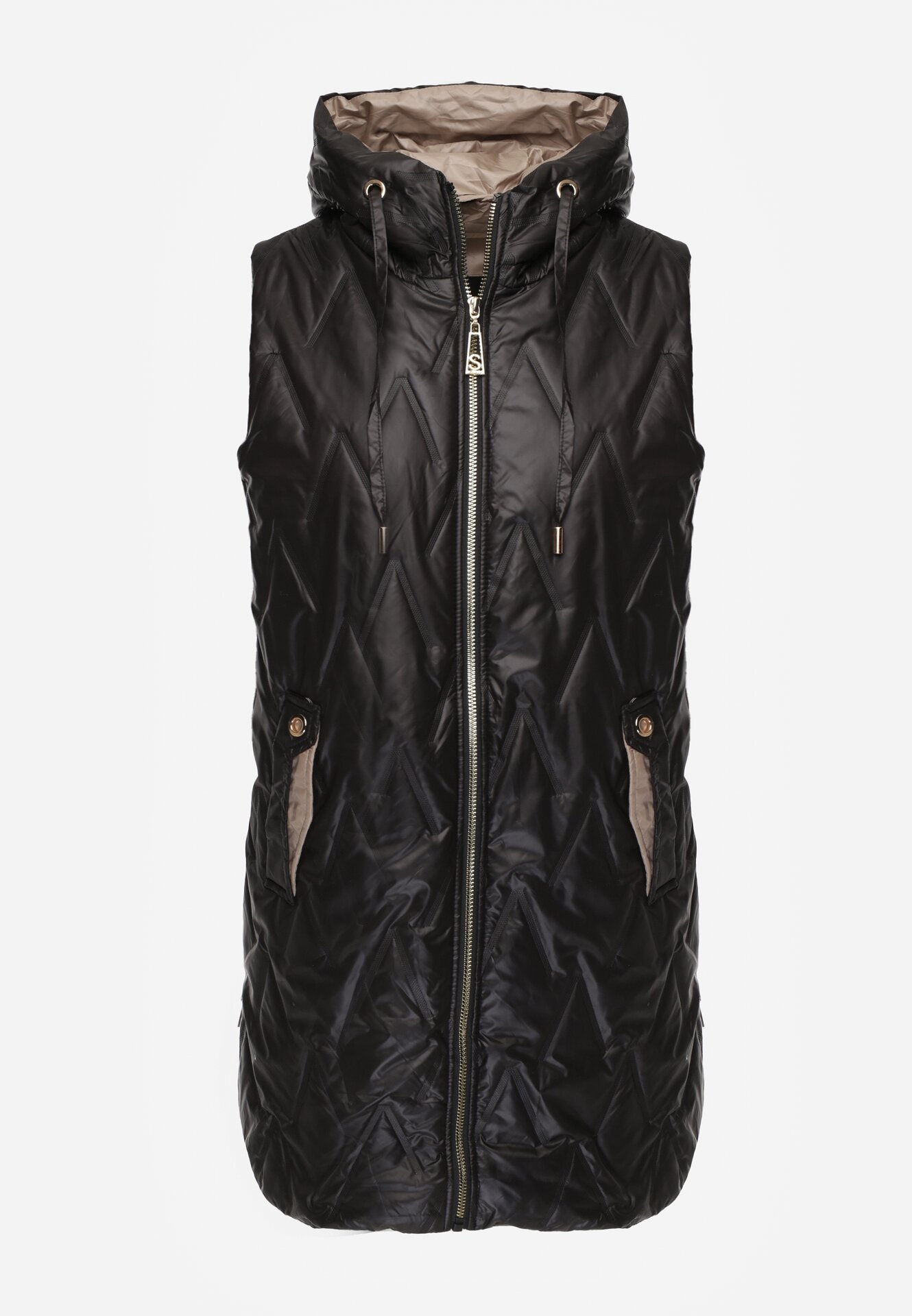 Czarna Pikowana Kamizelka o Długim Kroju z Nieodpinanym Kapturem w Romby Dephice