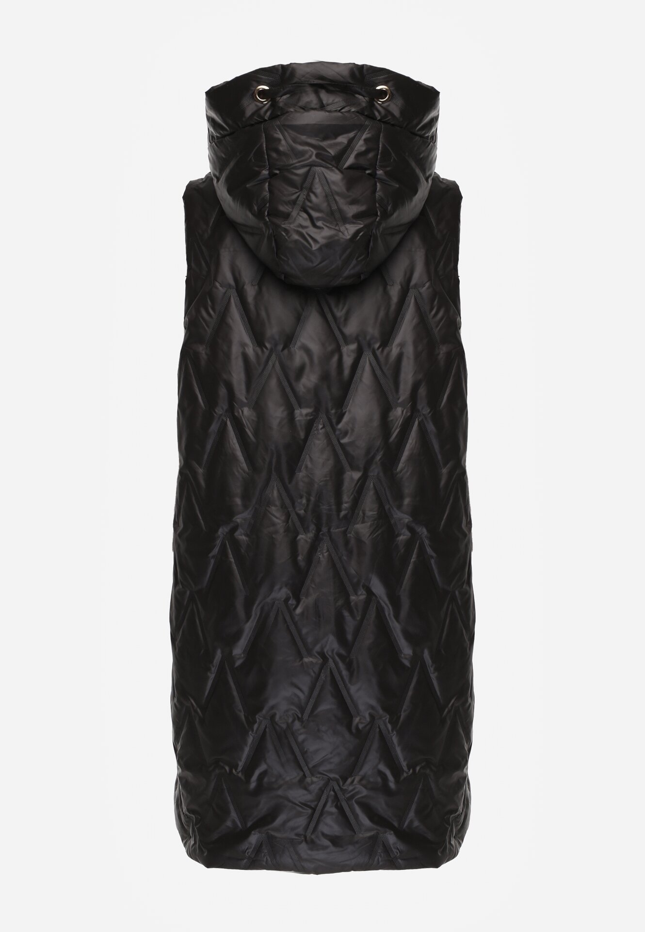 Czarna Pikowana Kamizelka o Długim Kroju z Nieodpinanym Kapturem w Romby Dephice