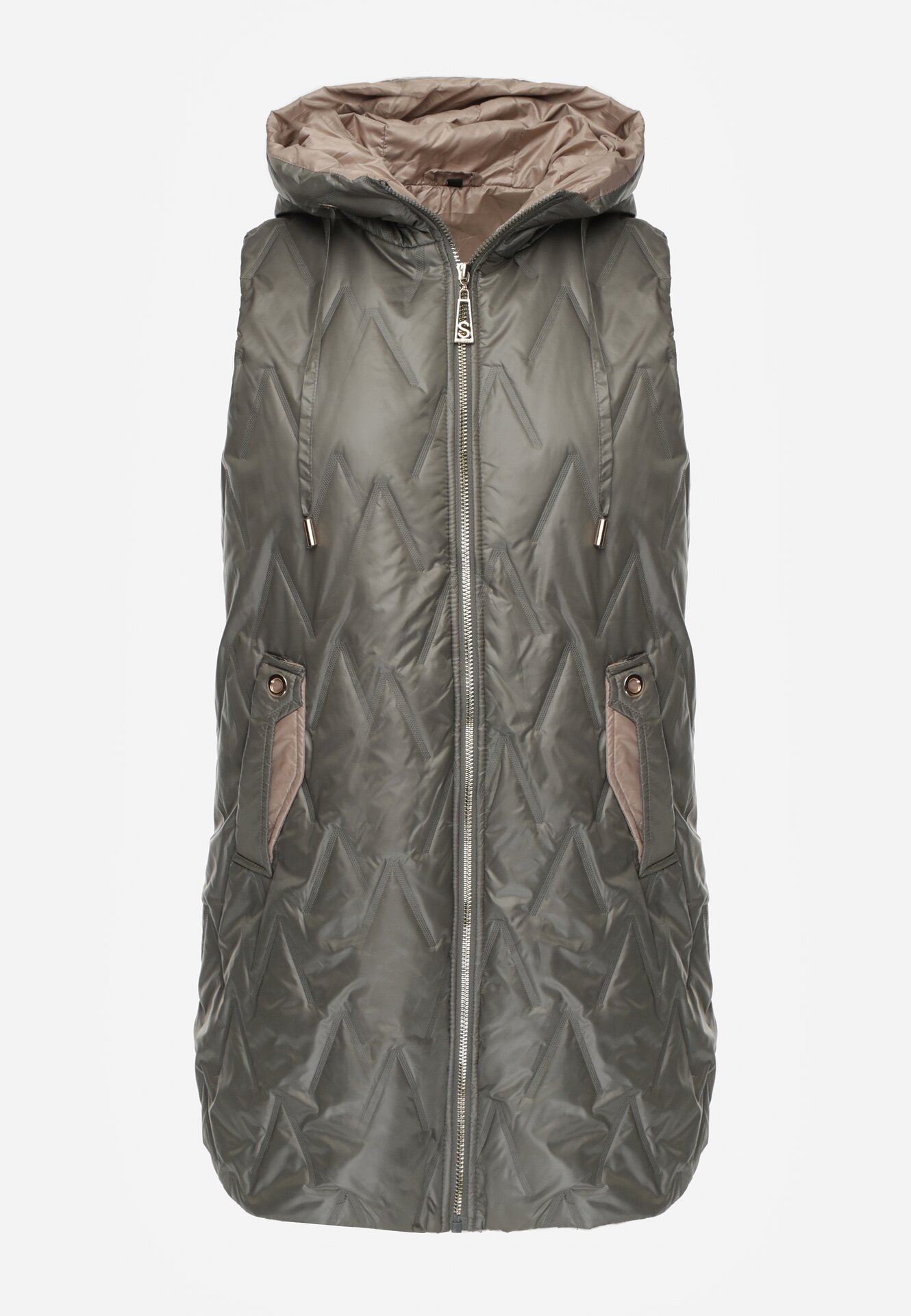 Zielona Pikowana Kamizelka o Długim Kroju z Nieodpinanym Kapturem w Romby Dephice